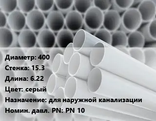 Труба ПВХ, поливинилхлорид гладкая 400 s=15.3 L=6.22 серый для наружной канализации PN 10